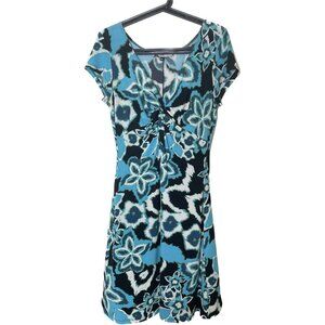 Lily Packable Blue Black Floral Short Sleeve Midi Dress Sz PL Vacay Chic